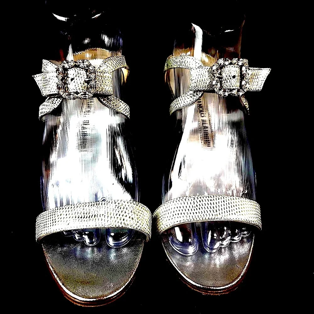 Manolo Blahnik silver sandals crystal buckles 38